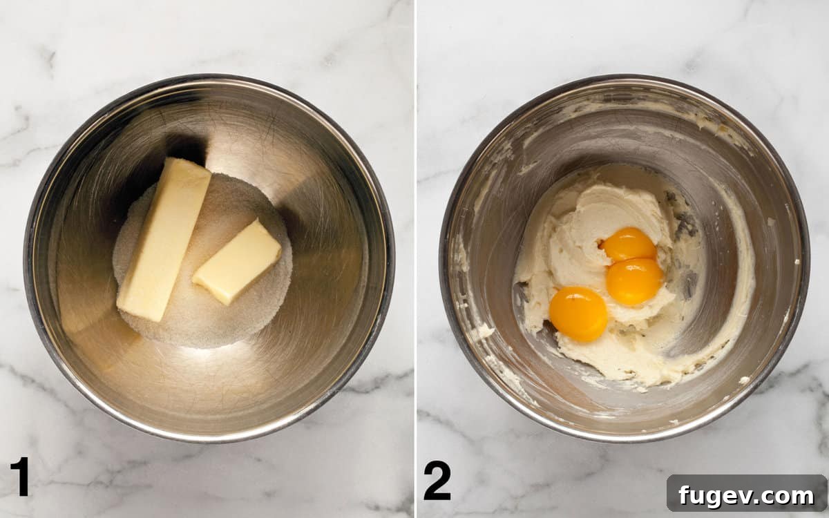 Golden Almond Flour Delight 4 Two images side by side. The first shows softened butter and granulated sugar in a large mixing bowl. The second shows separated egg yolks being beaten into the creamed butter and sugar mixture.