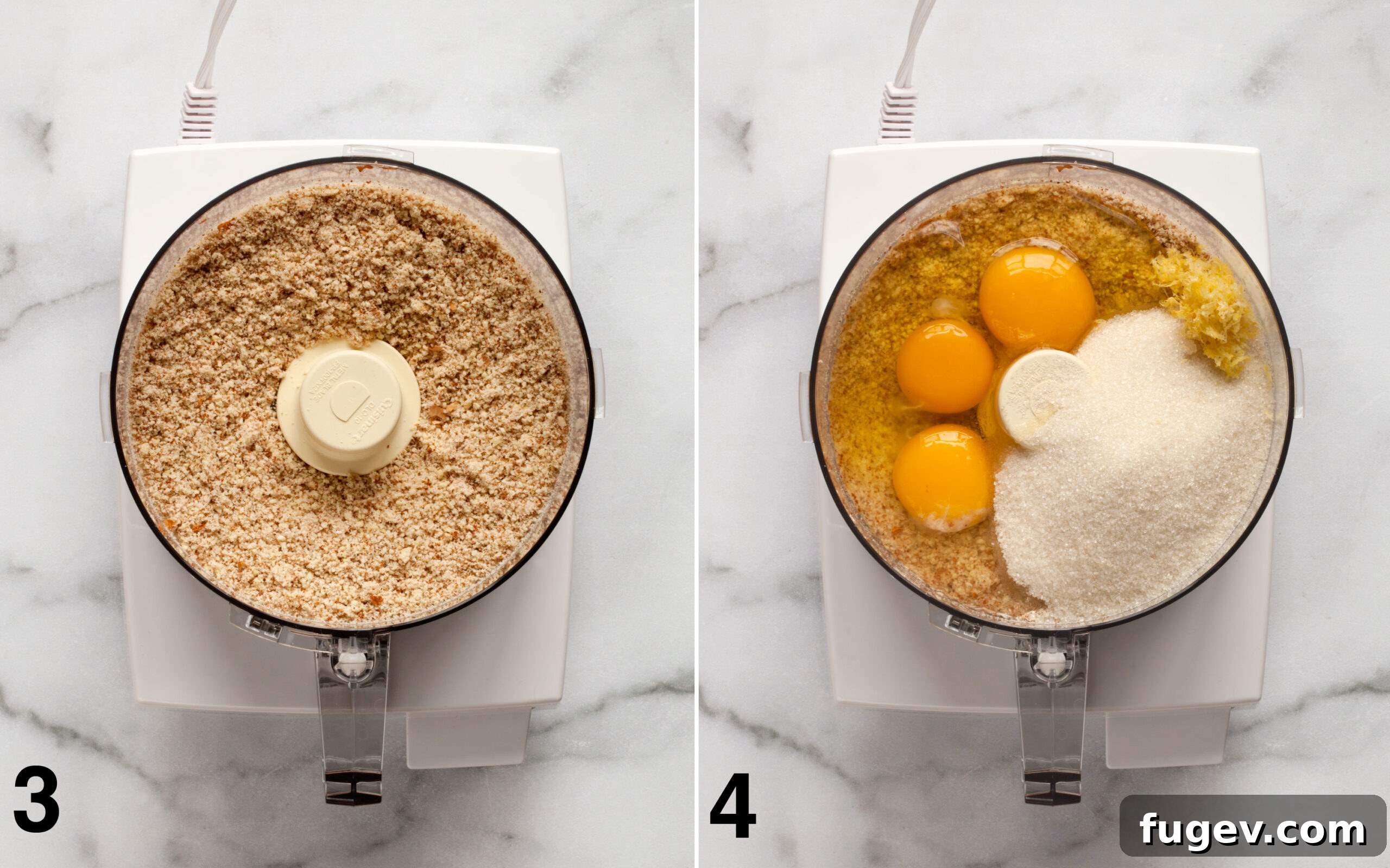 Golden Almond Flour Delight 5 Two images side by side. The first shows whole almonds being ground in a food processor. The second shows the ground almonds combined with eggs, sugar, and lemon zest in the food processor.