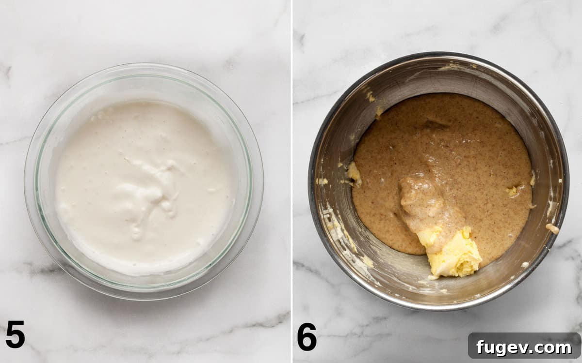 Golden Almond Flour Delight 6 Two images side by side. The first displays perfectly whipped egg whites forming soft peaks in a bowl. The second shows the rich nut mixture stirred into the creamy butter and sugar base in another bowl.