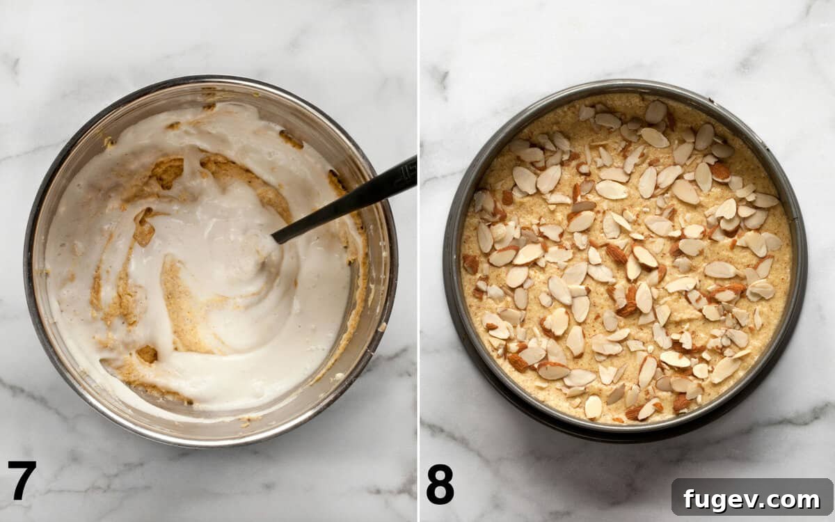 Golden Almond Flour Delight 7 Two images side by side. The first shows whipped egg whites gently folded into the cake batter. The second shows the cake batter spread in a springform pan, generously topped with sliced almonds.