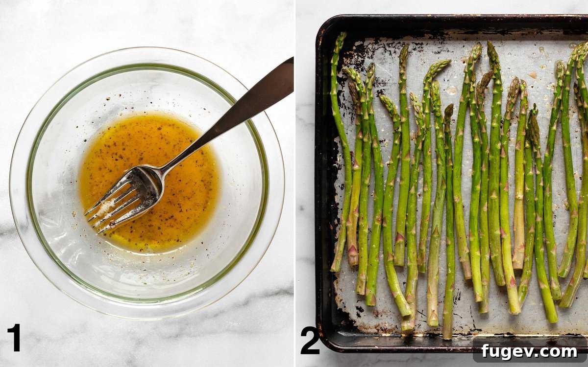 Savory Garlic Parmesan Asparagus 4 Lemon garlic marinade in a bowl next to a baking sheet with marinated asparagus spread in a single layer.