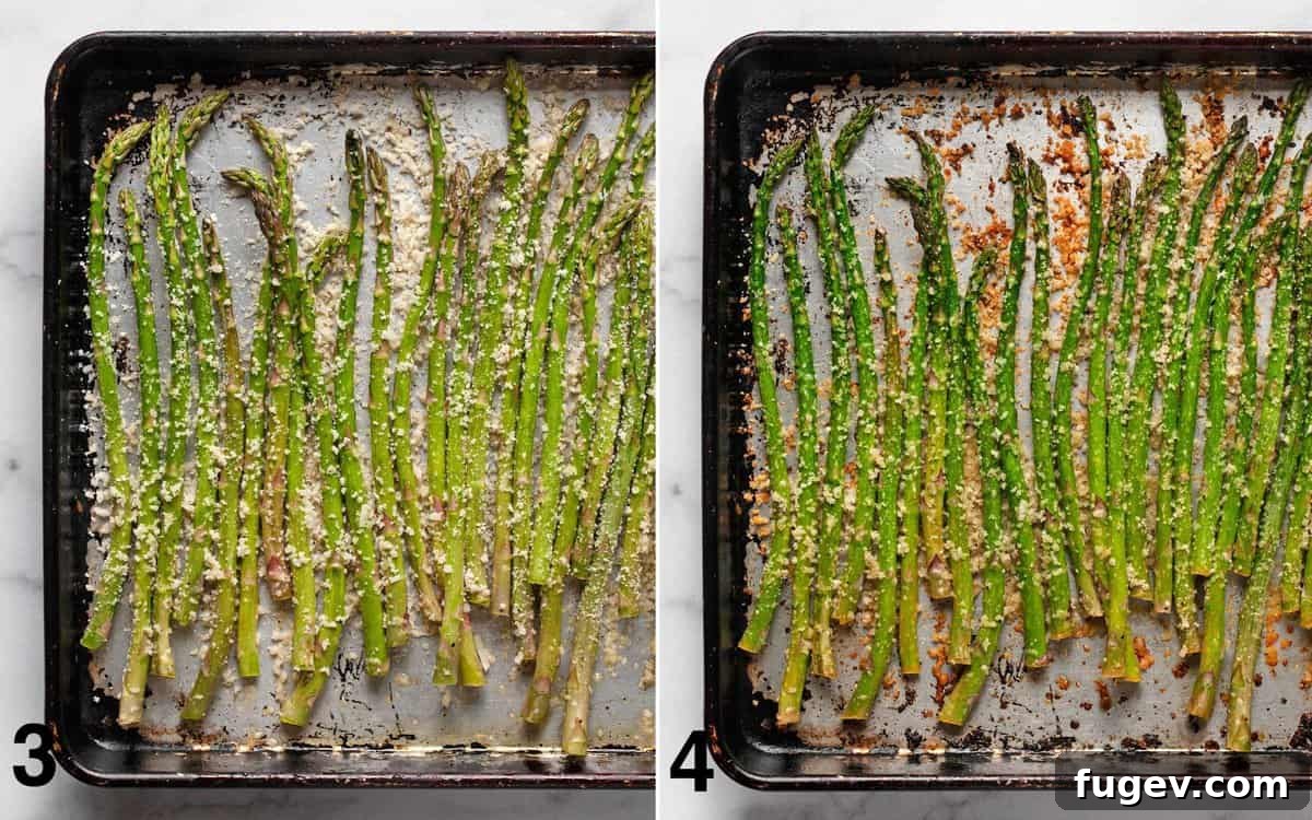 Savory Garlic Parmesan Asparagus 5 Before and after images of asparagus sprinkled with Parmesan and breadcrumbs, showing the transformation after roasting.