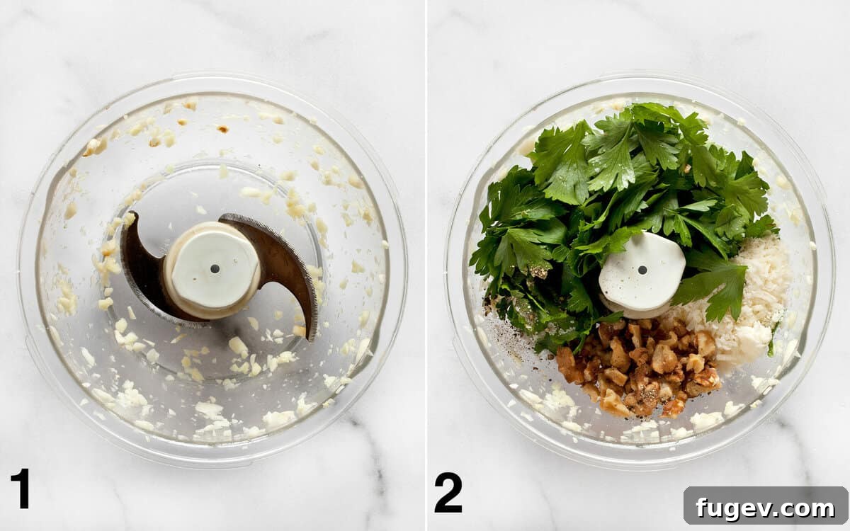 Emerald Pesto Pasta 4 Initial steps of making parsley pesto: finely mincing garlic, then adding parsley leaves, walnuts, Parmesan, salt, and pepper to a food processor.