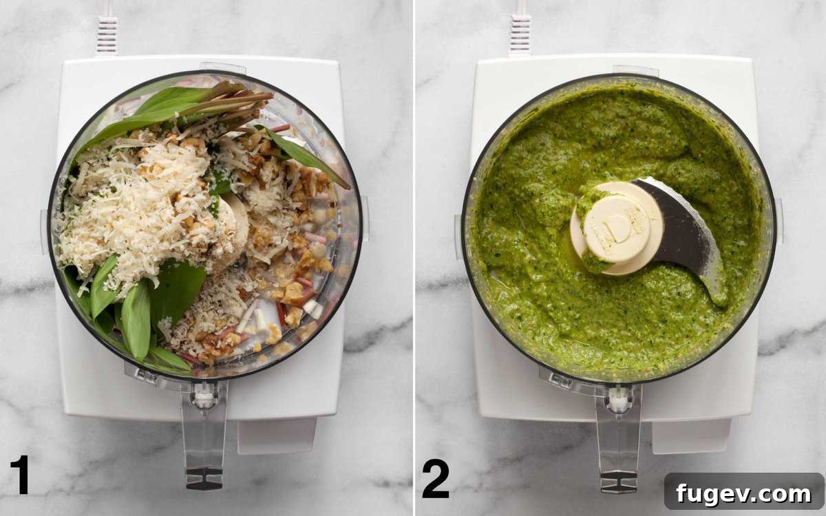 Ramp Duo Garlic Bread 4 Ingredients for ramp pesto in a food processor before and after they are pureed.
