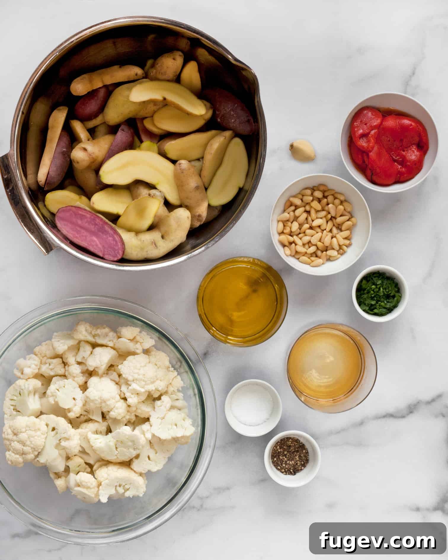 Golden Roasted Cauliflower & Potato Salad 4 Ingredients including fingerling potatoes, cauliflower and roasted red peppers