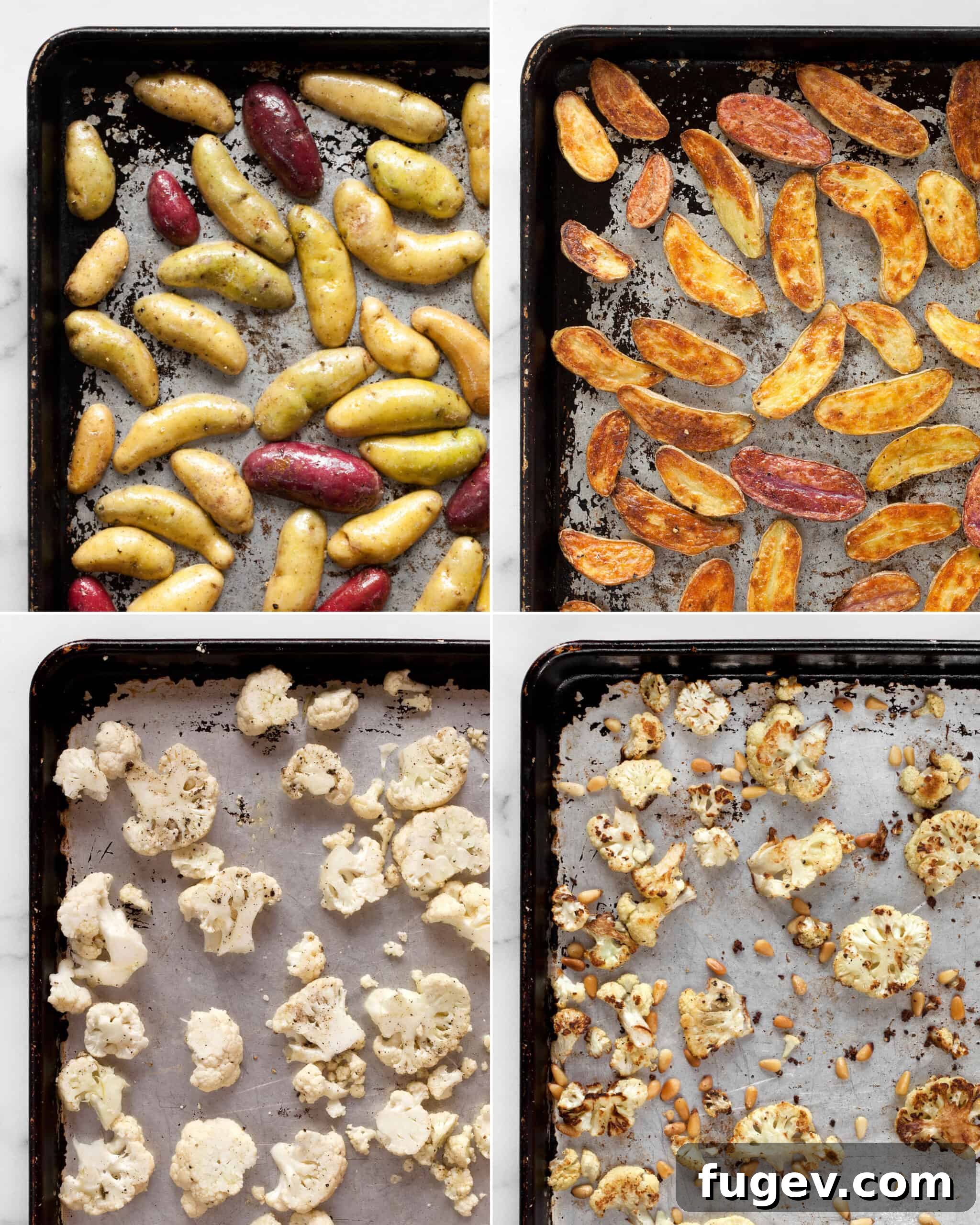 Golden Roasted Cauliflower & Potato Salad 5 Unroasted and roasted fingerling potatoes on baking sheets and unroasted and roasted cauliflower on baking sheets