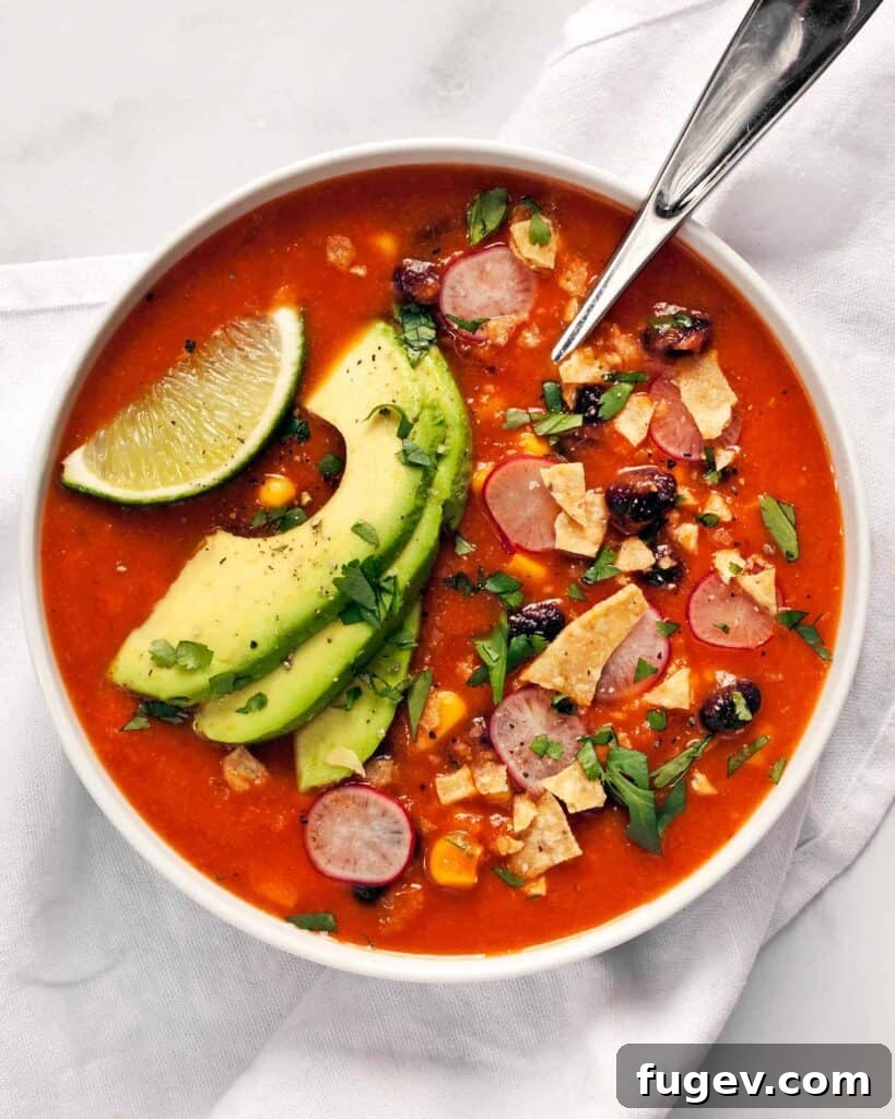 Fiesta in a Bowl 2 A vibrant bowl of homemade tortilla soup topped with tortilla strips, radishes, and cilantro, promising a delicious and comforting meal.