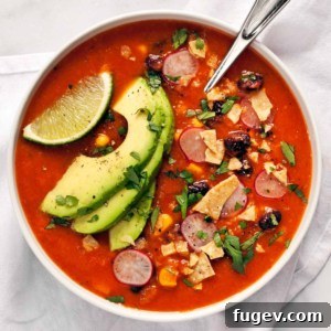 A vibrant bowl of homemade tortilla soup topped with tortilla strips, radishes, and cilantro