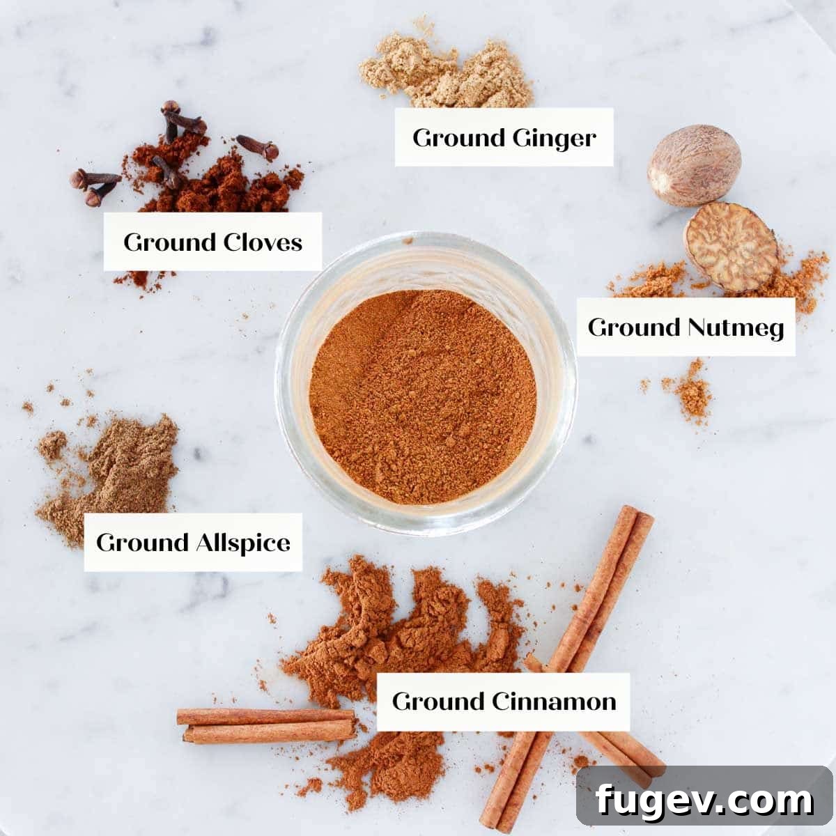 Homemade Pumpkin Spice Delight 4 Individual spices - cinnamon sticks, whole cloves, nutmeg, ginger powder, and allspice berries laid out for pumpkin spice mix.