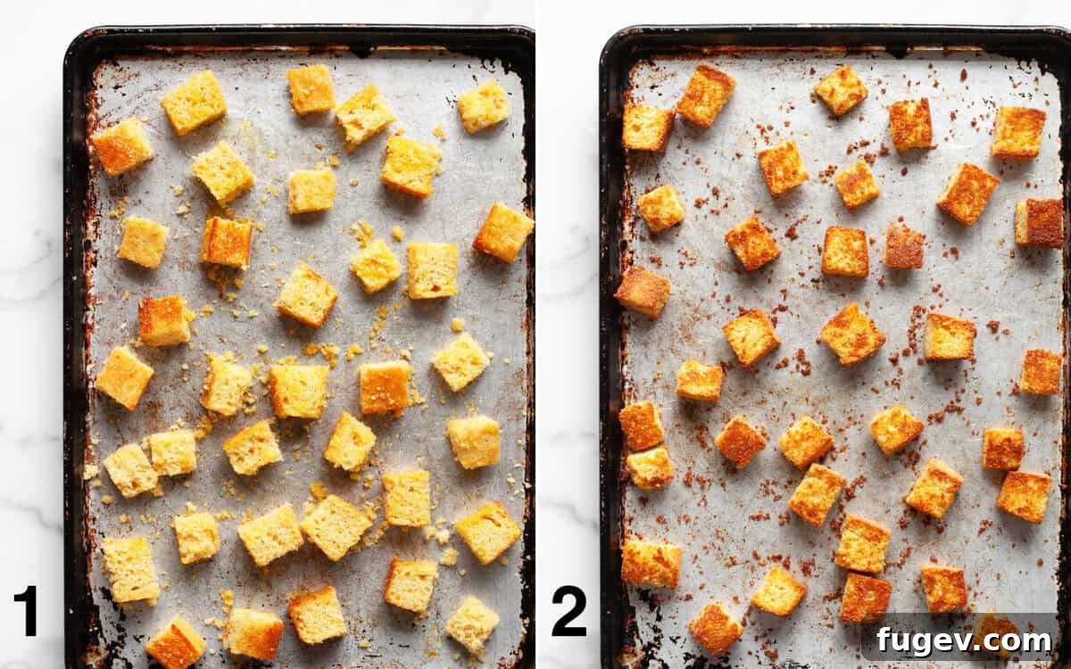 Rustic Cornbread Panzanella 4 Before and after images of cubed cornbread on a sheet pan, showing raw cubes and then perfectly toasted, golden-brown croutons.