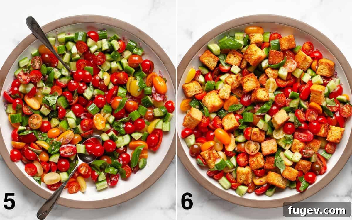 Rustic Cornbread Panzanella 6 Images showing the salad vegetables thoroughly tossed with vinaigrette, and then the cornbread croutons gently stirred into the salad in a large bowl.