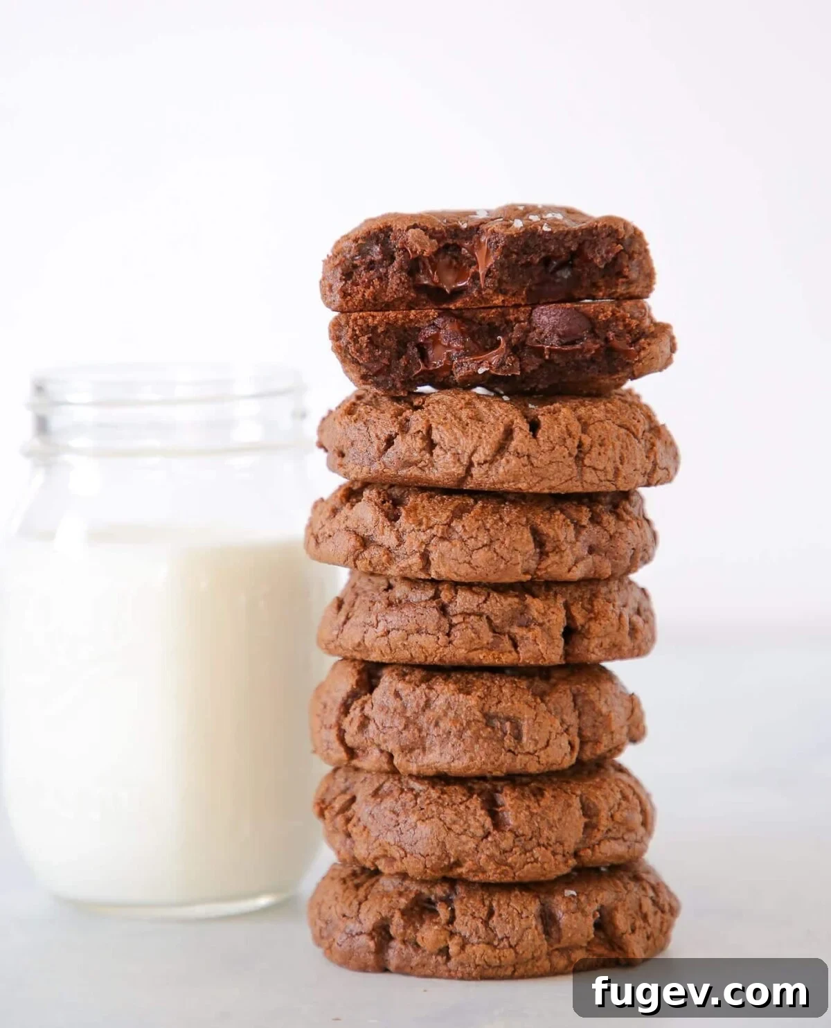 Pure Double Chocolate Bliss 2 easy chocolate desserts like these double chocolate chip cookies broken to show gooey chocolate chips.
