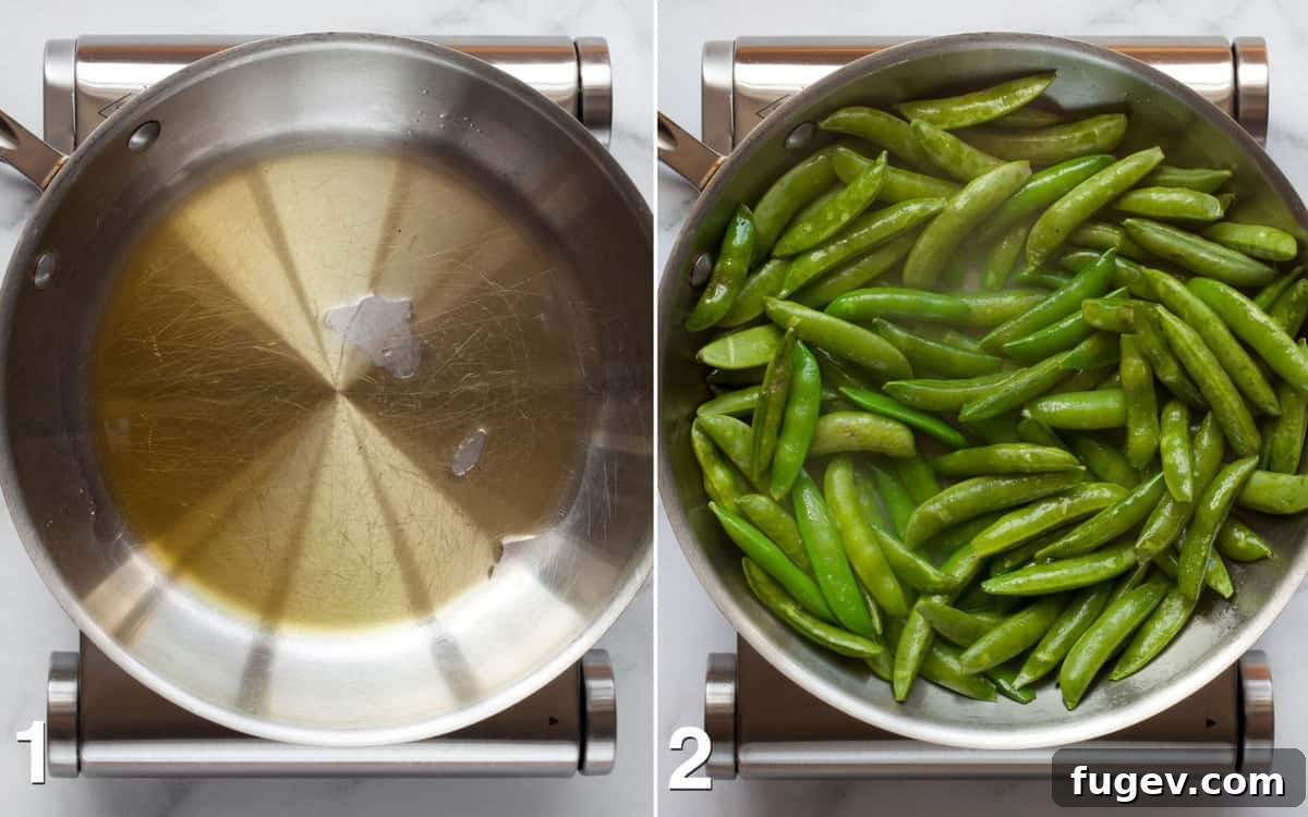 Crisp Garlic Snap Peas 4 Step-by-step image showing olive oil heating in a skillet, then sugar snap peas and lemon juice being added to the hot pan for sautéing.
