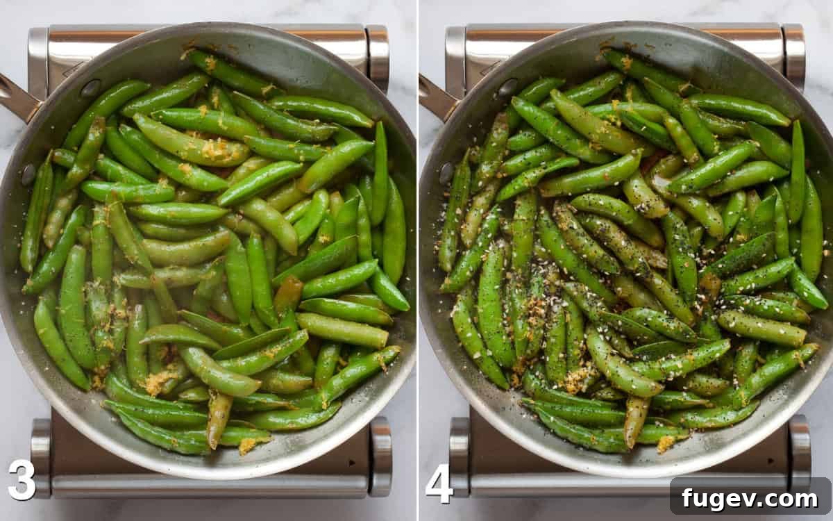 Crisp Garlic Snap Peas 5 Step-by-step image showing lemon zest, salt, and pepper being stirred into the sautéed snap peas, followed by the final addition of everything seasoning.