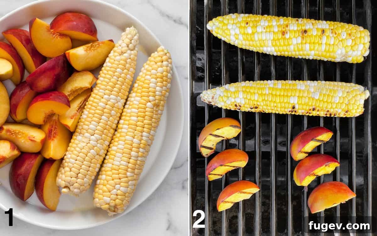 Sweet & Smoky Grilled Peach and Corn Salad 4 Drizzle the corn and peaches with olive oil before grilling.