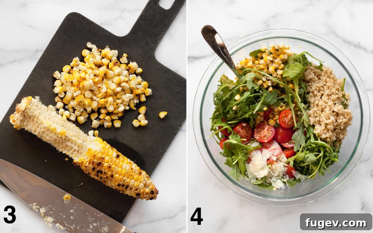 Sweet & Smoky Grilled Peach and Corn Salad 5 Using a knife to slice kernels off corn cobs; combining salad ingredients in a large bowl.