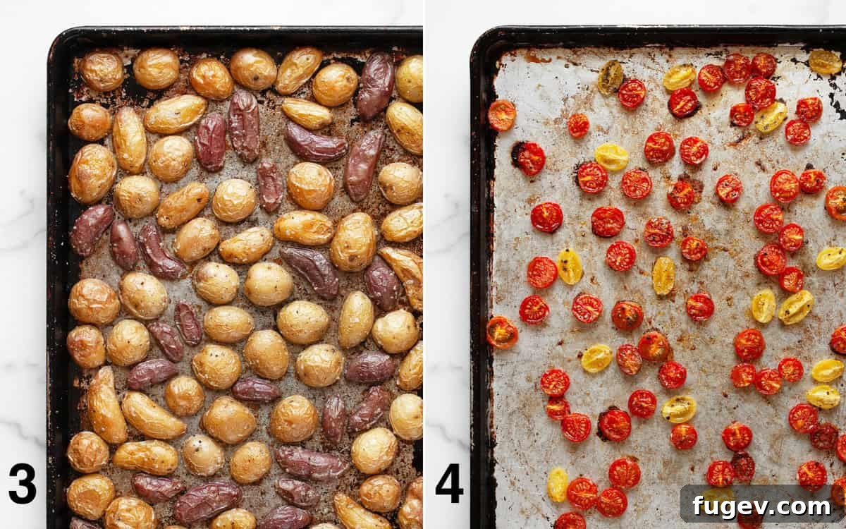 Mediterranean Roasted Tomato Pesto Potato Salad 5 Two separate sheet pans are displayed side-by-side after roasting. One sheet pan holds golden-brown roasted potatoes with crispy edges. The other contains blistered, slightly wrinkled, and juicy roasted tomatoes.