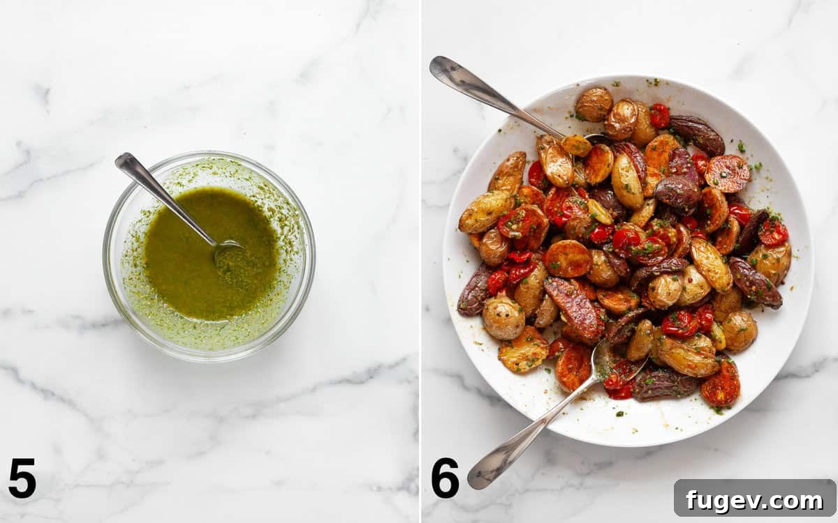 Mediterranean Roasted Tomato Pesto Potato Salad 6 A small bowl containing a bright green pesto vinaigrette, freshly whisked. Next to it, a large mixing bowl holds roasted potatoes, tomatoes, and chives, already tossed together with the dressing, ready for serving.
