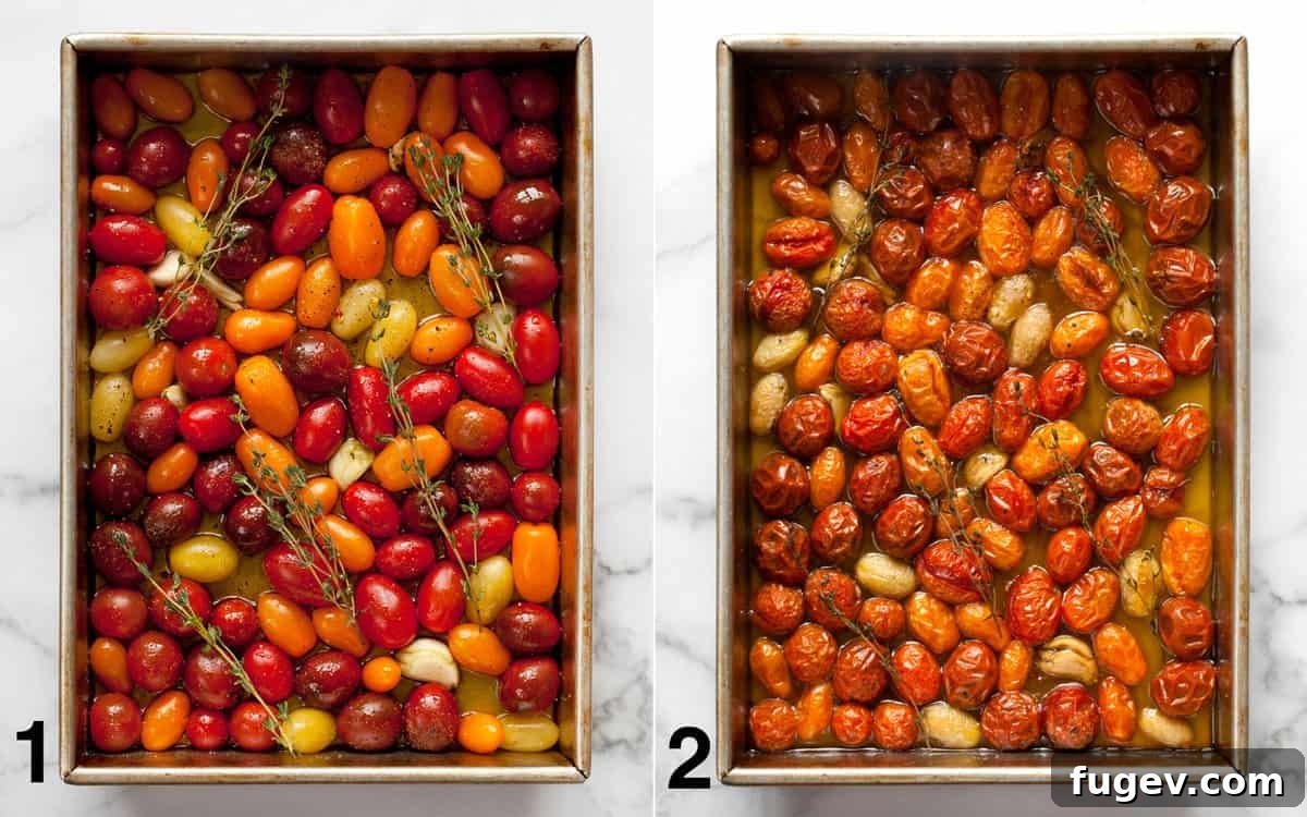 Slow-Roasted Cherry Tomato Jewels 4 Cherry tomatoes in a rectangular baking pan before and after slow roasting to confit.