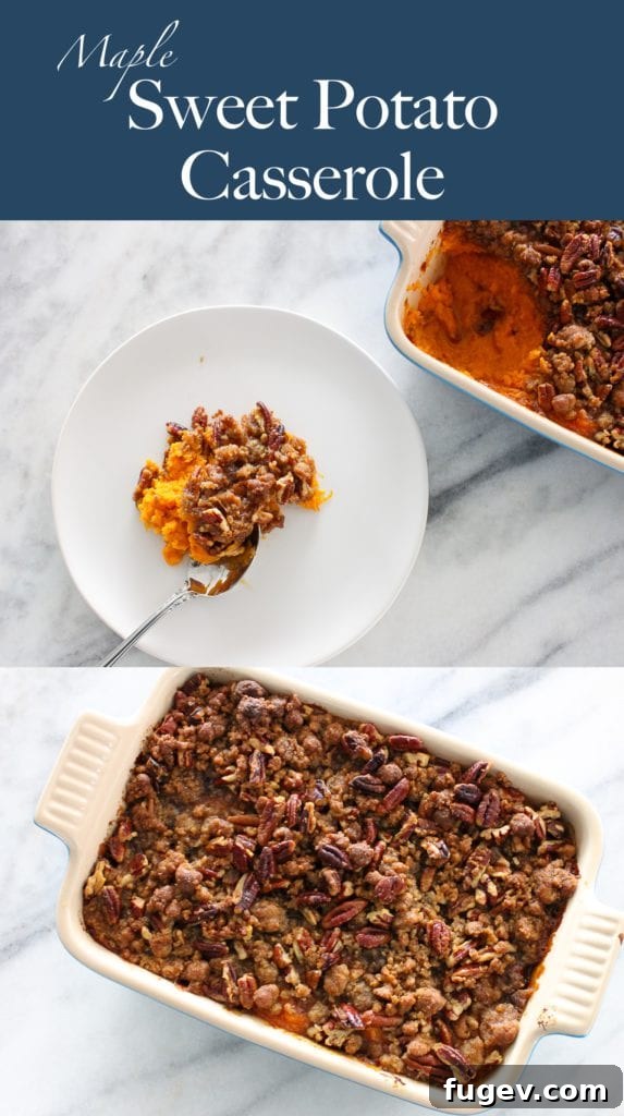 Golden Pecan Sweet Potato Bake 14 Maple sweet potato casserole being served on a white countertop with a generous, crunchy pecan topping, highlighting its rich texture and appetizing appearance.