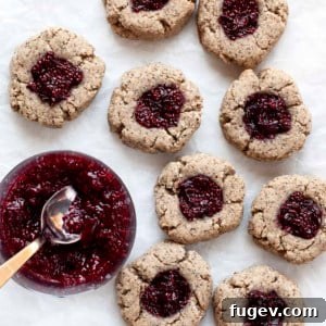 Closeup of Vegan Cherry Chia Jam Thumbprint Cookies