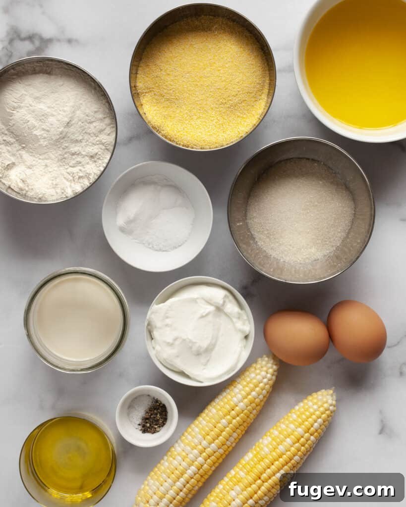 Smoky Sweet Cornbread Muffins 3 A collection of cornbread muffin ingredients including flour, cornmeal, fresh corn, melted butter, eggs, sugar, baking soda, baking powder, salt, milk, and yogurt.