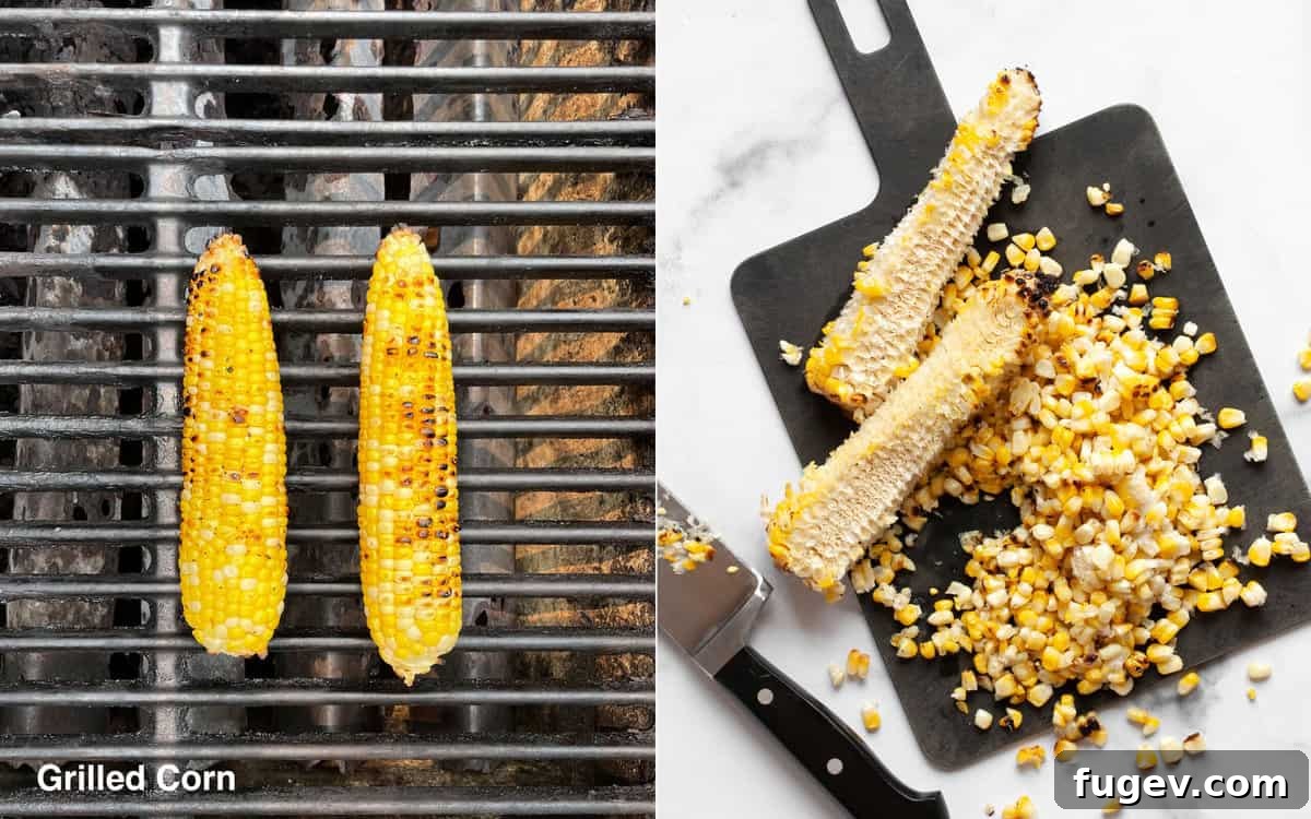 Smoky Sweet Cornbread Muffins 4 Two ears of corn charring on a hot grill, followed by a cutting board with freshly sliced grilled corn kernels.