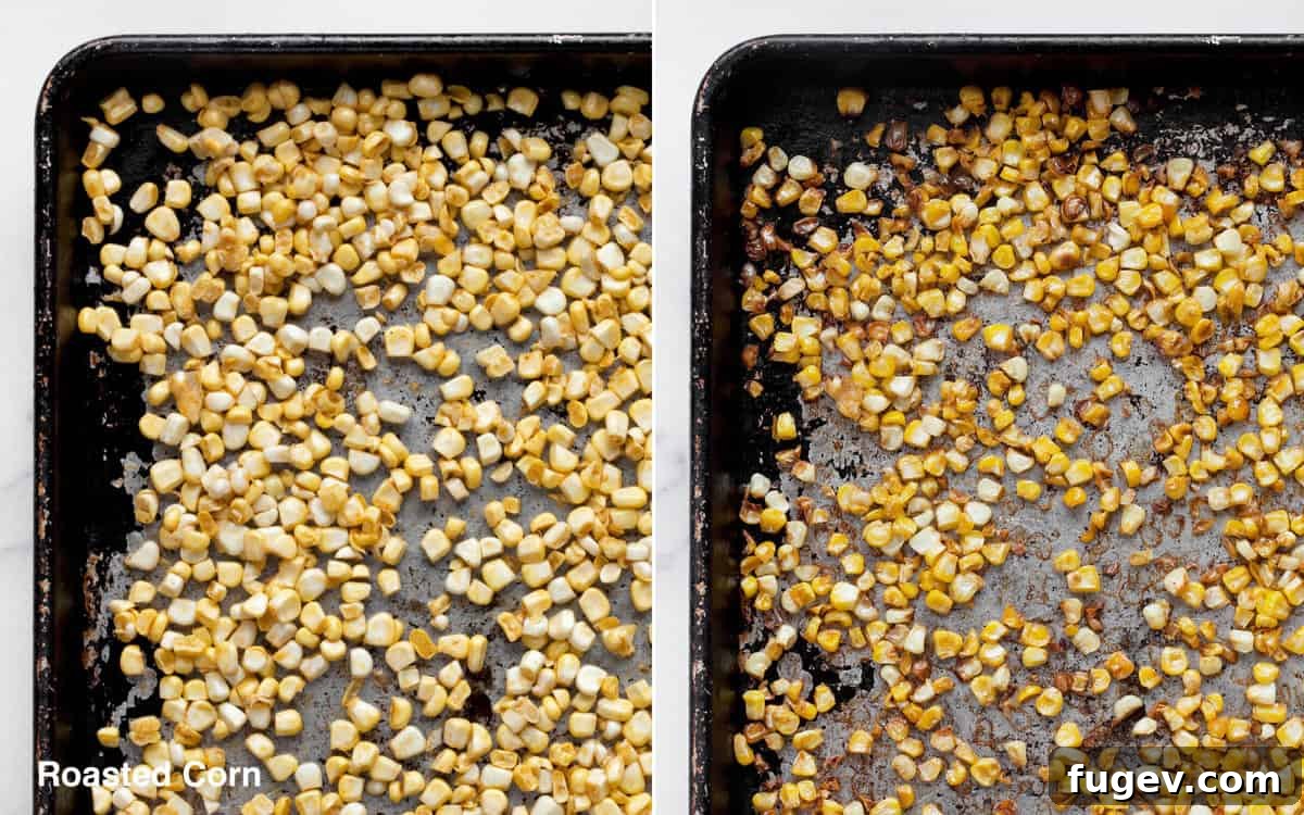 Smoky Sweet Cornbread Muffins 5 Before and after images of corn kernels roasting on a sheet pan, showing the transformation to golden brown.