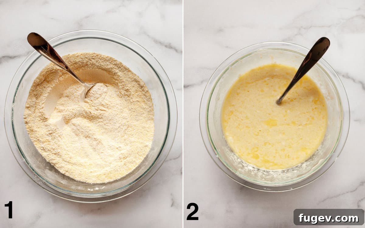 Smoky Sweet Cornbread Muffins 6 Side-by-side images showing dry ingredients mixed in one bowl and wet ingredients whisked in another, ready for combining.