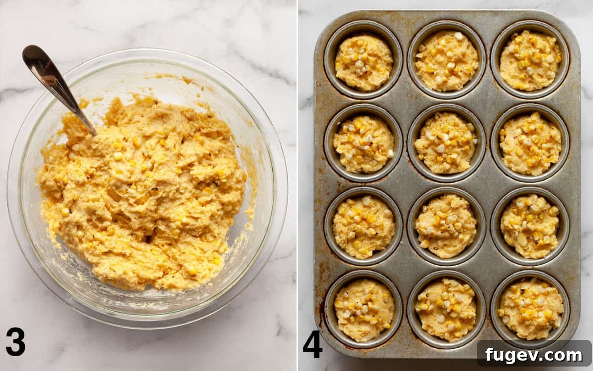 Smoky Sweet Cornbread Muffins 7 Image sequence showing muffin batter in a mixing bowl and then scooped evenly into a muffin pan, ready for baking.