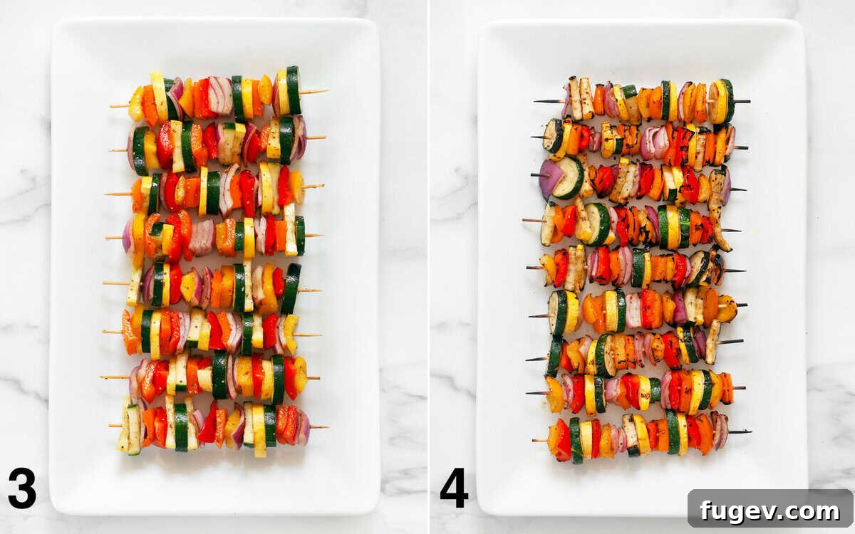 Grilled Rainbow Skewers with Balsamic Drizzle 2 Vegetable skewers on a rectangular platter, showing before and after grilling.