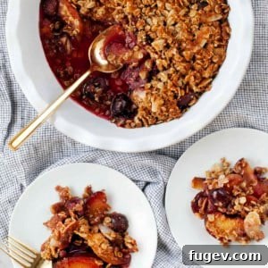 Toasted Coconut Stone Fruit Crumble 2 Close-up of baked Coconut Stone Fruit Crisp with a golden-brown topping