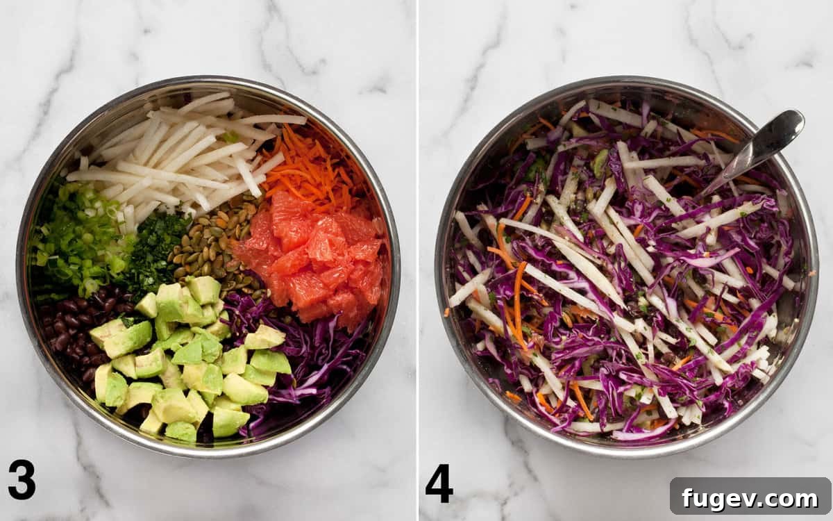 Zesty Jicama Crunch Salad with Black Beans and Cabbage 5 All salad ingredients are combined in a large bowl, then the dressing is drizzled over and tossed, showcasing a vibrant and cohesive jicama salad.