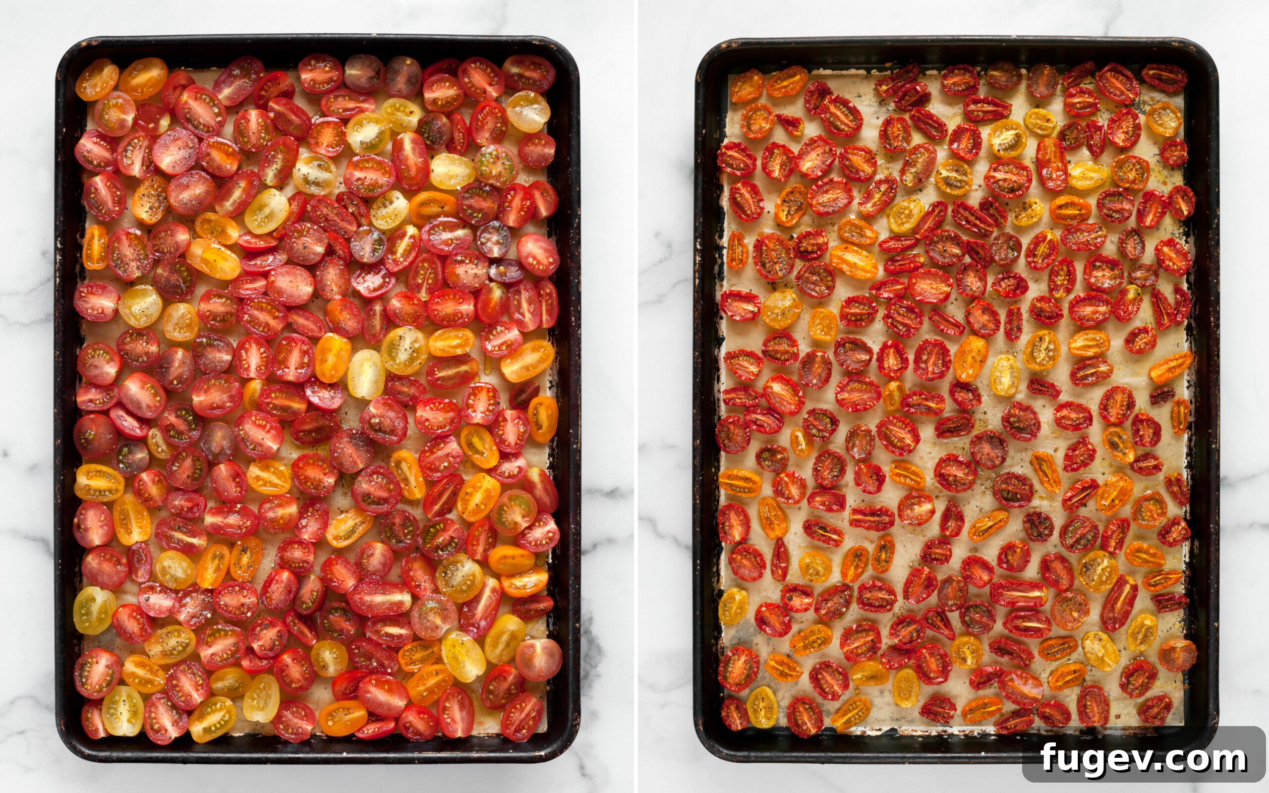 Golden Slow-Roasted Tomatoes 5 A two-panel image showing tomatoes on a baking pan: before roasting (fresh and firm) and after roasting (shriveled and caramelized).