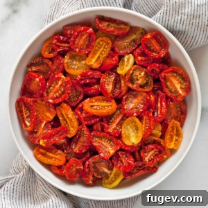 Slow-roasted tomatoes in a bowl, ready to be served.
