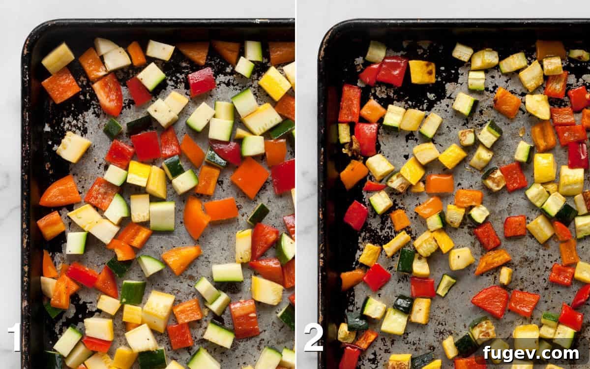 Bright Lemon Tahini Roasted Vegetable Couscous 4 Before and after comparison of vegetables on a sheet pan, showing raw diced zucchini, squash, and peppers and then the same vegetables perfectly roasted and browned.
