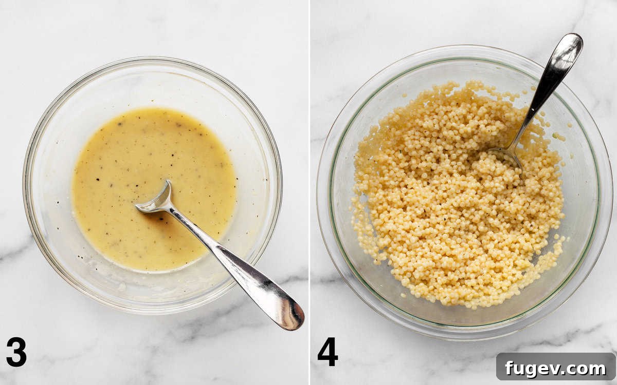 Bright Lemon Tahini Roasted Vegetable Couscous 5 Image showing a small bowl of lemon tahini dressing being whisked and a large bowl of cooked couscous being stirred with the dressing.