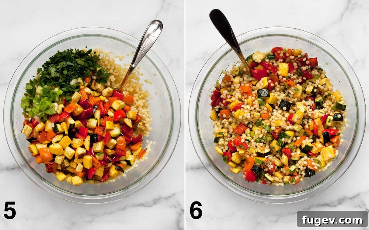 Bright Lemon Tahini Roasted Vegetable Couscous 6 A step-by-step image showing roasted vegetables, scallions, and parsley being added to couscous in a bowl, followed by the final stirring and mixing to combine all ingredients.
