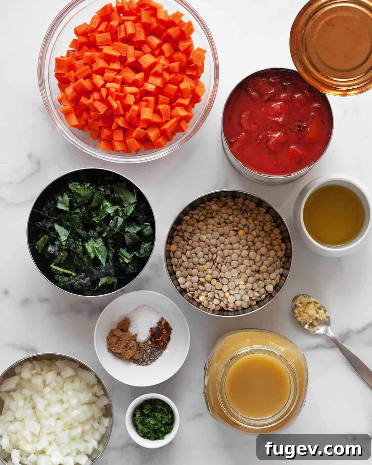 A vibrant flat lay of all the green lentil soup ingredients including raw green lentils, canned fire-roasted tomatoes, fresh carrots, kale, onions, garlic, vegetable broth, and various dried spices like cumin and red pepper flakes.