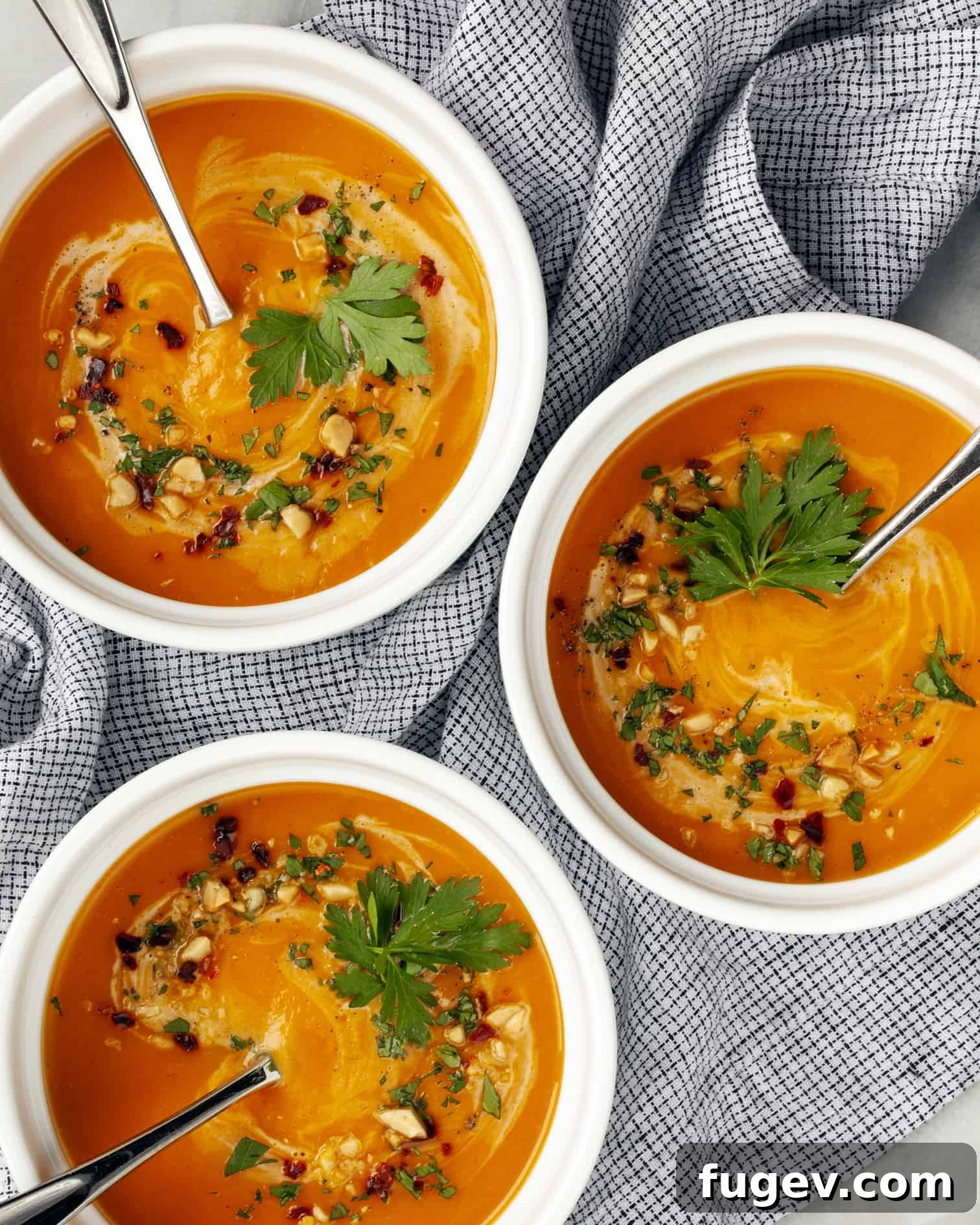 Velvety Slow Cooker Butternut Curry 5 Close-up of Slow Cooker Curried Butternut Squash Soup with garnishes