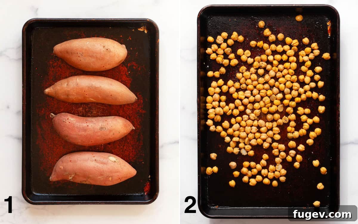 Savory Chickpea and Spinach Stuffed Sweet Potatoes 4 Four whole raw sweet potatoes on one sheet pan, and seasoned chickpeas spread in a single layer on another sheet pan, ready for roasting.