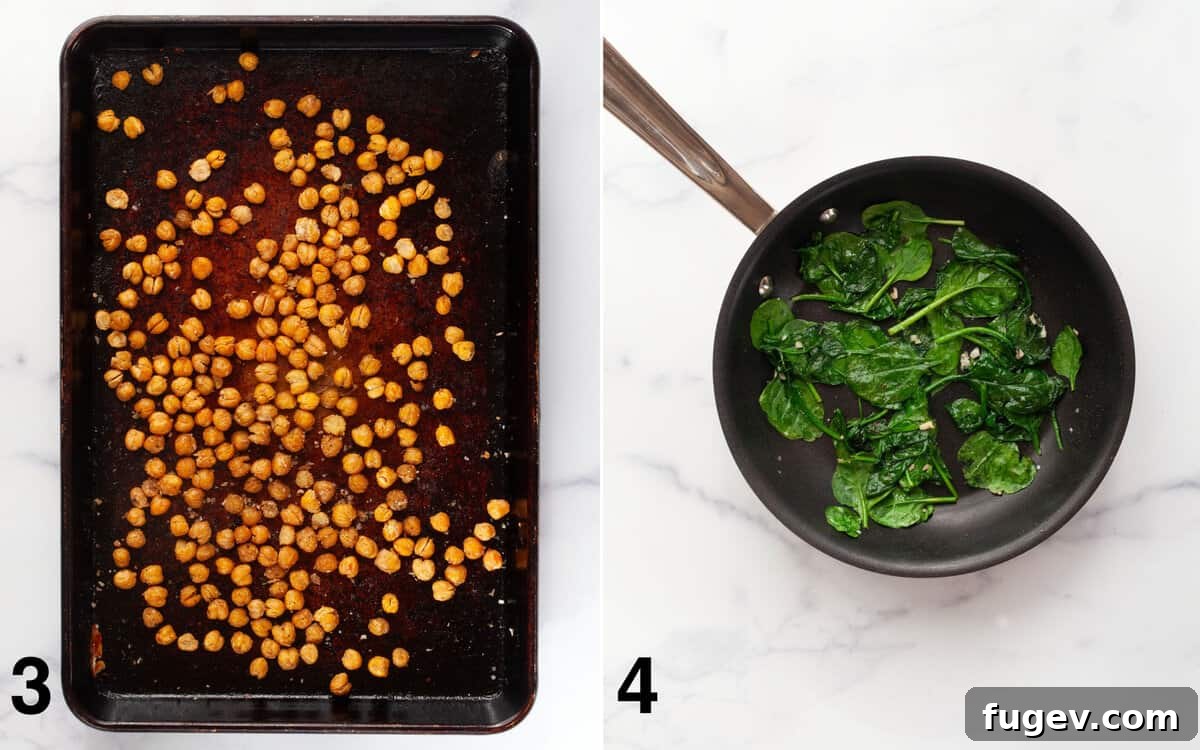 Savory Chickpea and Spinach Stuffed Sweet Potatoes 5 Close-up of golden-brown roasted chickpeas on a sheet pan, next to a skillet filled with freshly sautéed spinach and garlic.