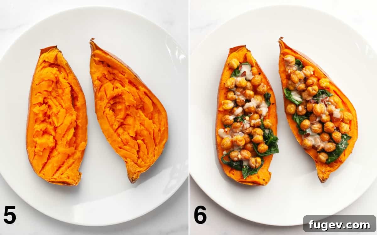 Savory Chickpea and Spinach Stuffed Sweet Potatoes 6 A single halved sweet potato on a plate, generously stuffed with chickpeas and spinach, and a wider shot of multiple assembled stuffed sweet potatoes, ready to be served.
