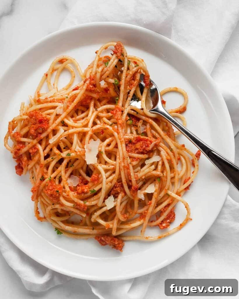 Slow Roasted Tomato Pesto 2 Vibrant Roasted Tomato Pesto served with pasta