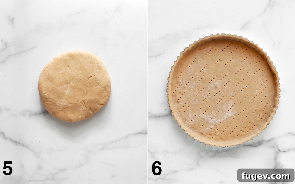 Caramelized Nut Tart 6 Dough shaped into a disk and then the raw dough carefully placed and smoothed into a tart pan, ready for blind baking.