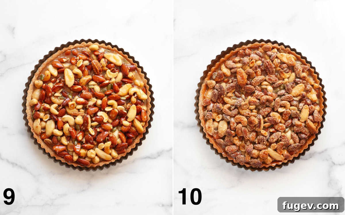 Caramelized Nut Tart 8 A comparison image showing the caramel nut tart before baking with the filling, and after baking, golden and bubbling.