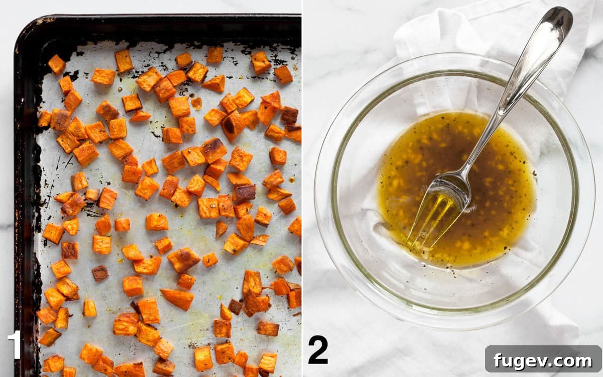Golden Harvest Chopped Salad 4 Roasted sweet potatoes on a sheet pan and sherry vinaigrette in a small bowl