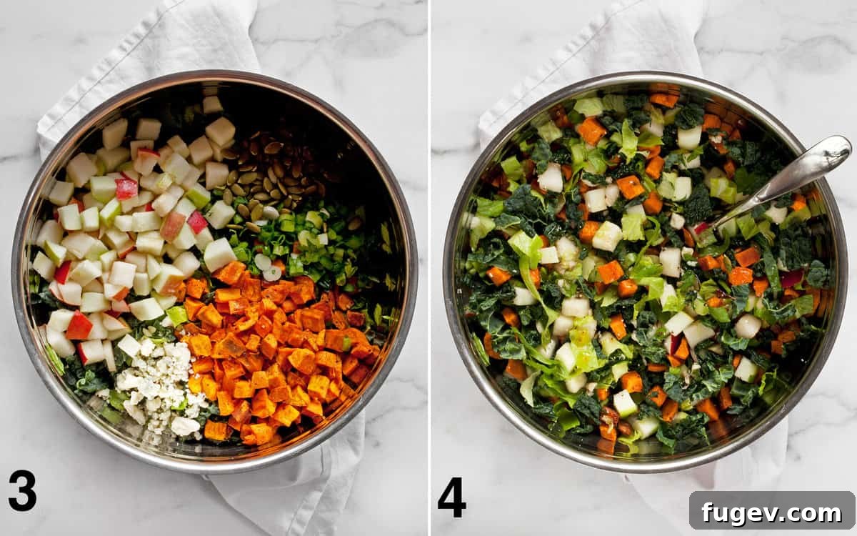 Golden Harvest Chopped Salad 5 Salad ingredients assembled in a bowl before and after they are tossed together with dressing