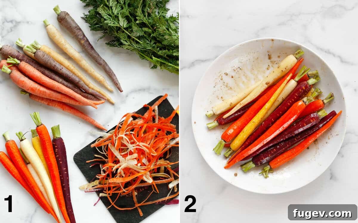 Roasted Rainbow Carrots and Their Green Crown Pesto 4 Step-by-step imagery showing peeled carrots and separately, carrots being tossed in a bowl with the honey-cumin marinade.