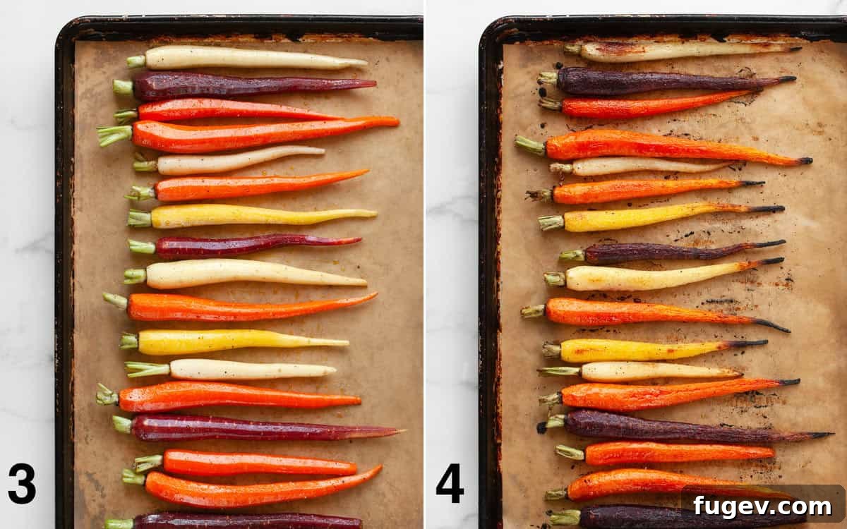 Roasted Rainbow Carrots and Their Green Crown Pesto 5 Before and after comparison of carrots on a sheet pan, showing raw marinated carrots and then beautifully roasted, browned, and tender carrots.